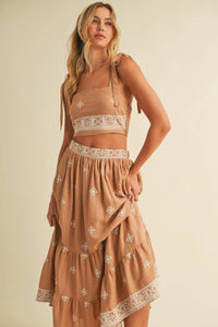 Boho Embroidered Crop Top & Tiered Midi Skirt Set