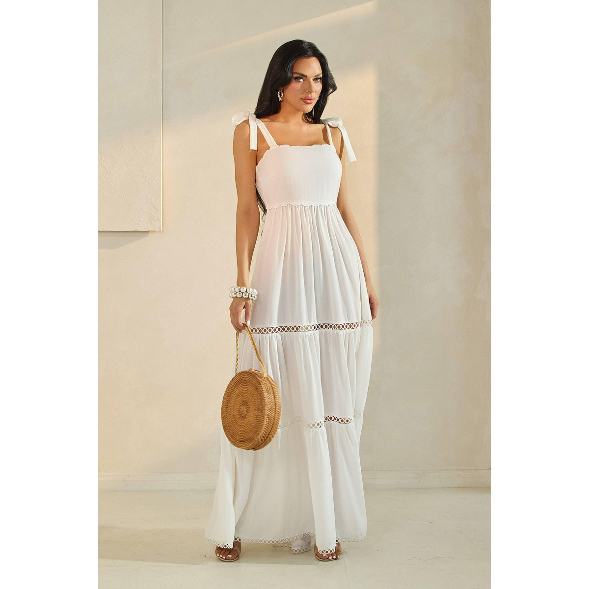 SHOULDER TIE SCALLOP MAXI DRESS