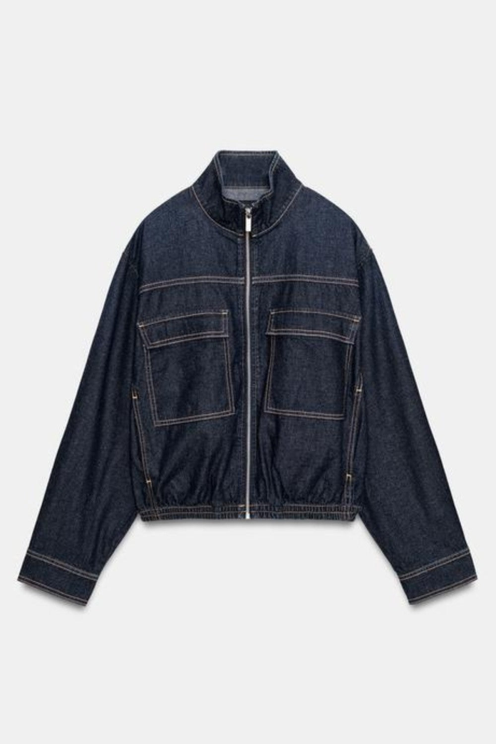 High-Collar Denim Bomber Jacket