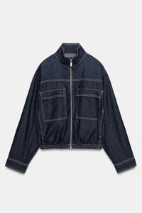 High-Collar Denim Bomber Jacket