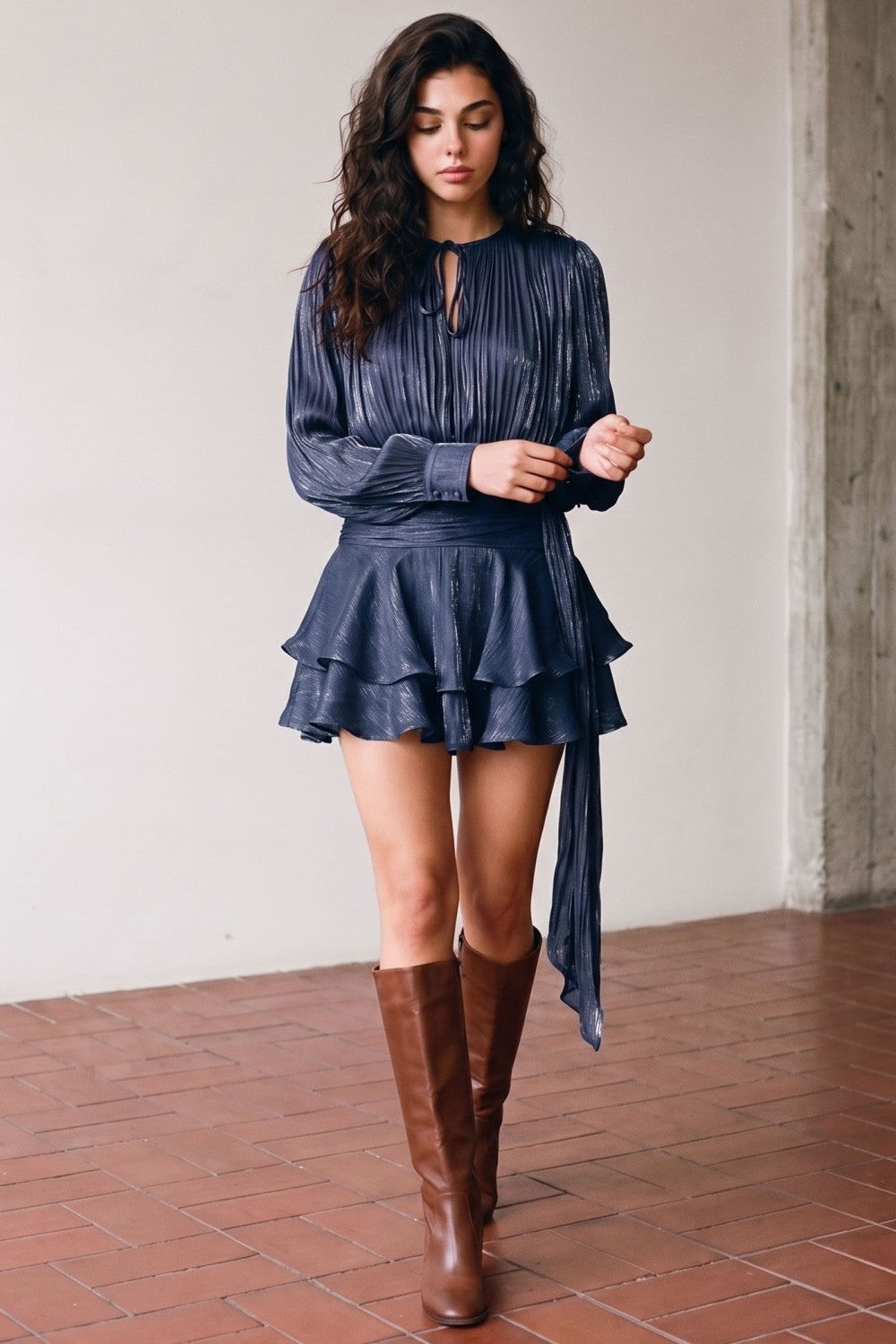 Crinkled Satin Tie-Neck Long-Sleeve Ruffle Mini Dress