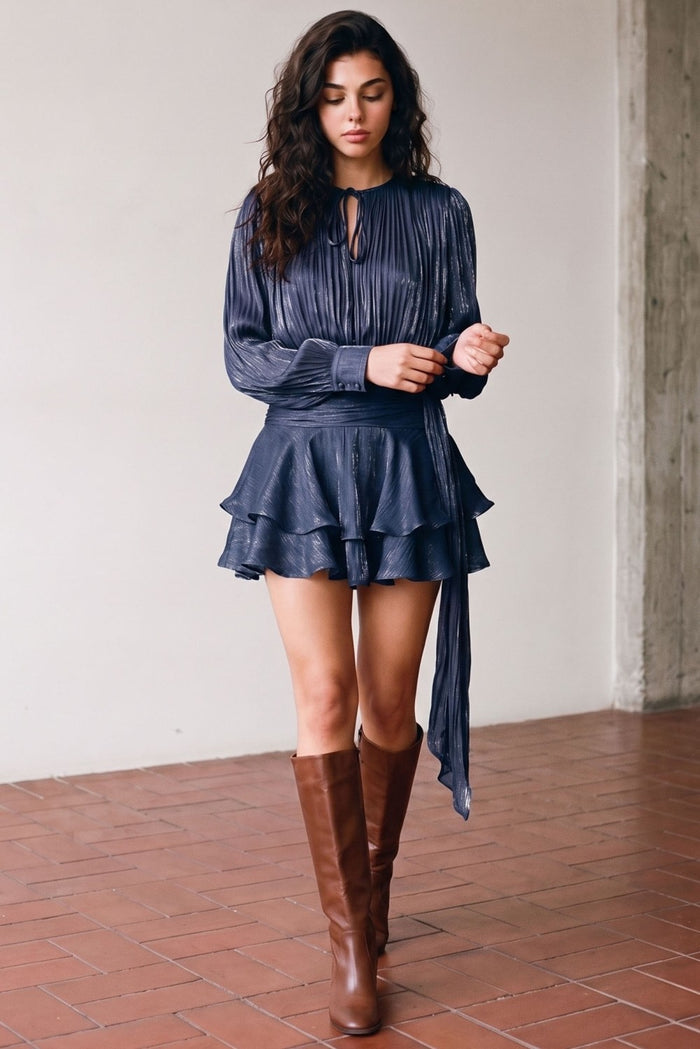 Crinkled Satin Tie-Neck Long-Sleeve Ruffle Mini Dress