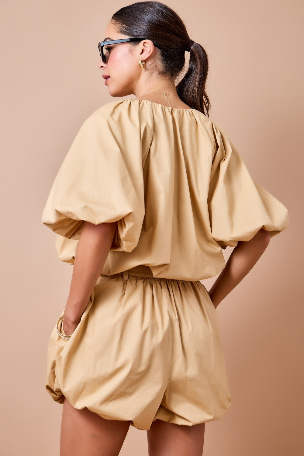 Boxy Puff Sleeve Bubble Hem Cropped Blouse Top and Short Set