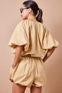 Boxy Puff Sleeve Bubble Hem Cropped Blouse Top and Short Set