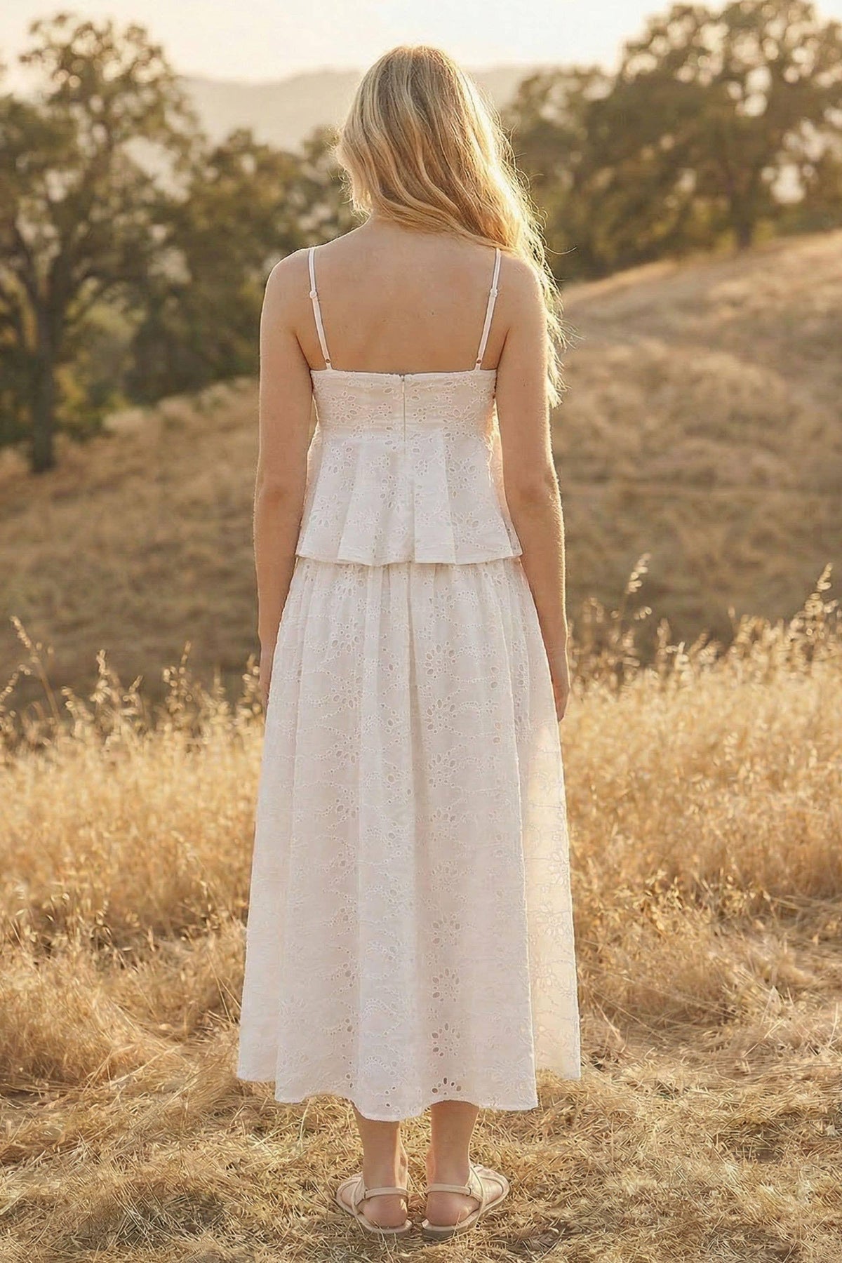 EYELET PEPLUM CAMI AND PLEATED FLARE MIDI SKIRT