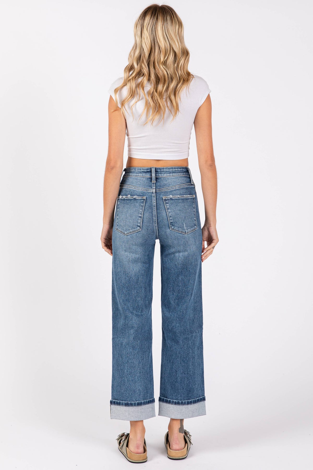 High Rise Stretch Relaxed Straight Jeans with Cuffed Hem