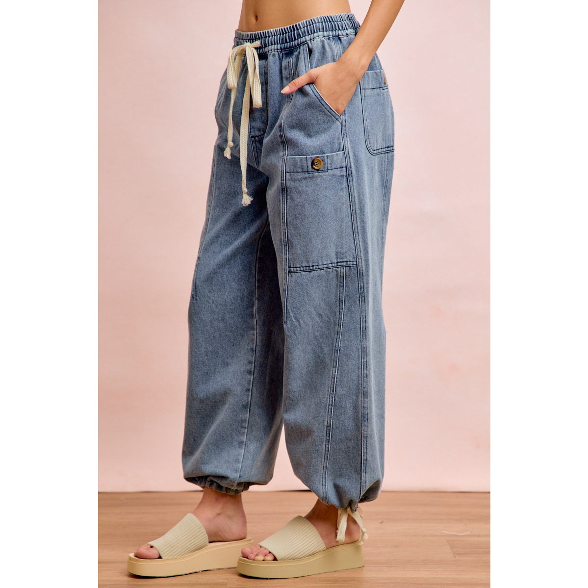 Washed Denim Drawstring Detail Pants