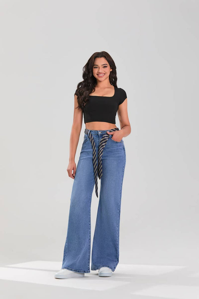 Medium Blue Bootcut Jeans with Tie Detail