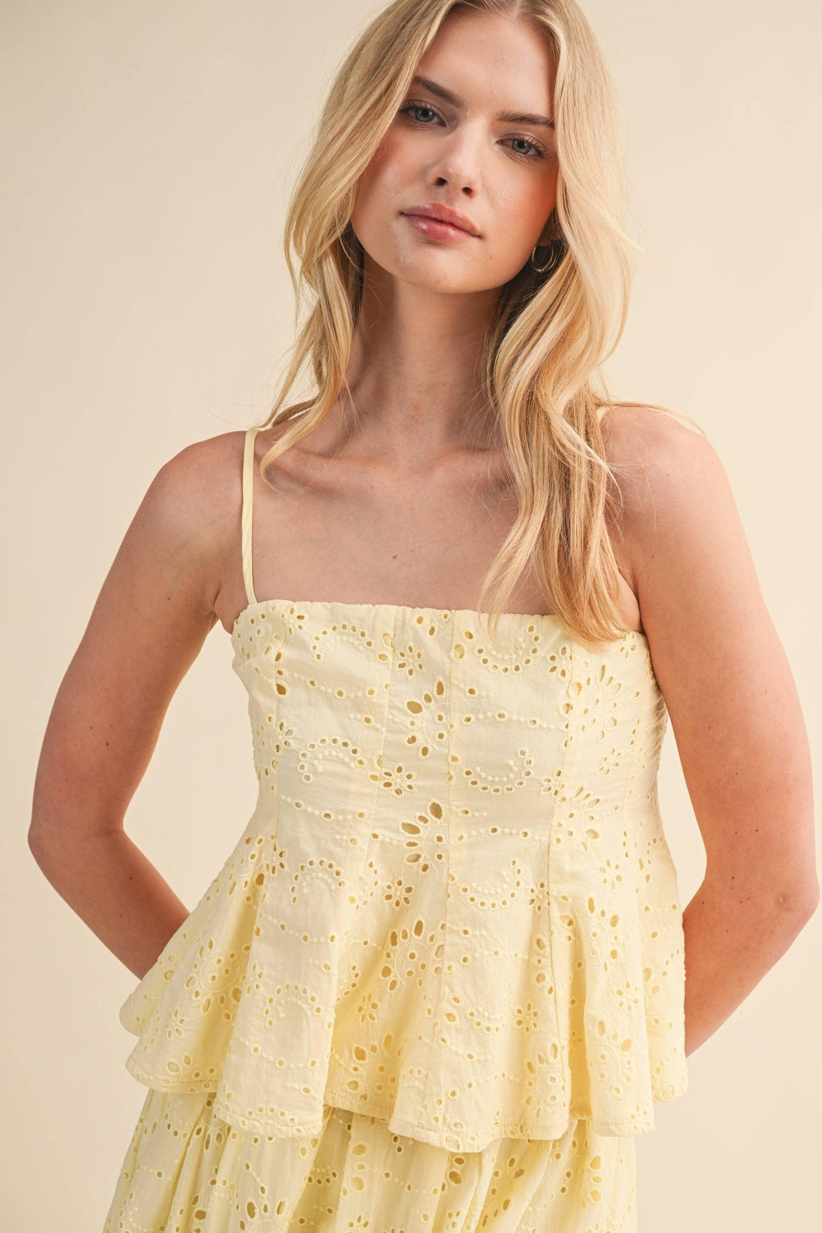 EYELET PEPLUM CAMI AND PLEATED FLARE MIDI SKIRT
