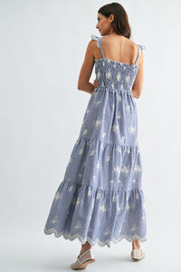 Embroidered Striped Maxi Dress with Ruffle Straps
