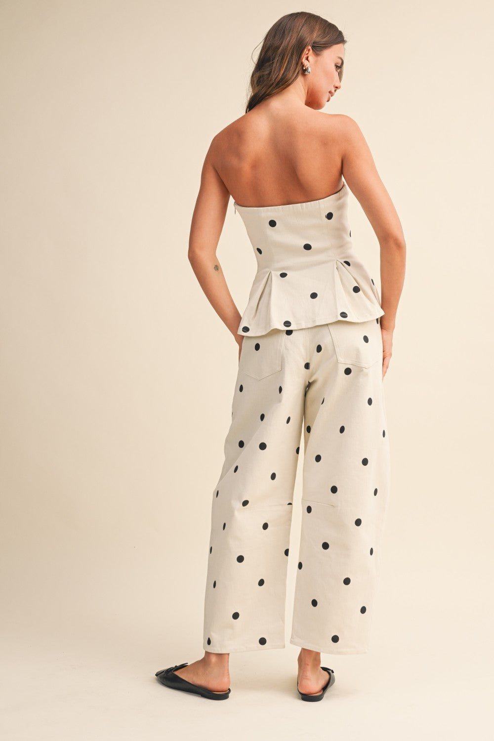Polka Dot Strapless Peplum Top & Barrel Pants Set