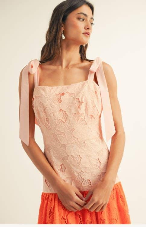 Shoulder Tie Ruffle Bottom Color Block Midi Dress
