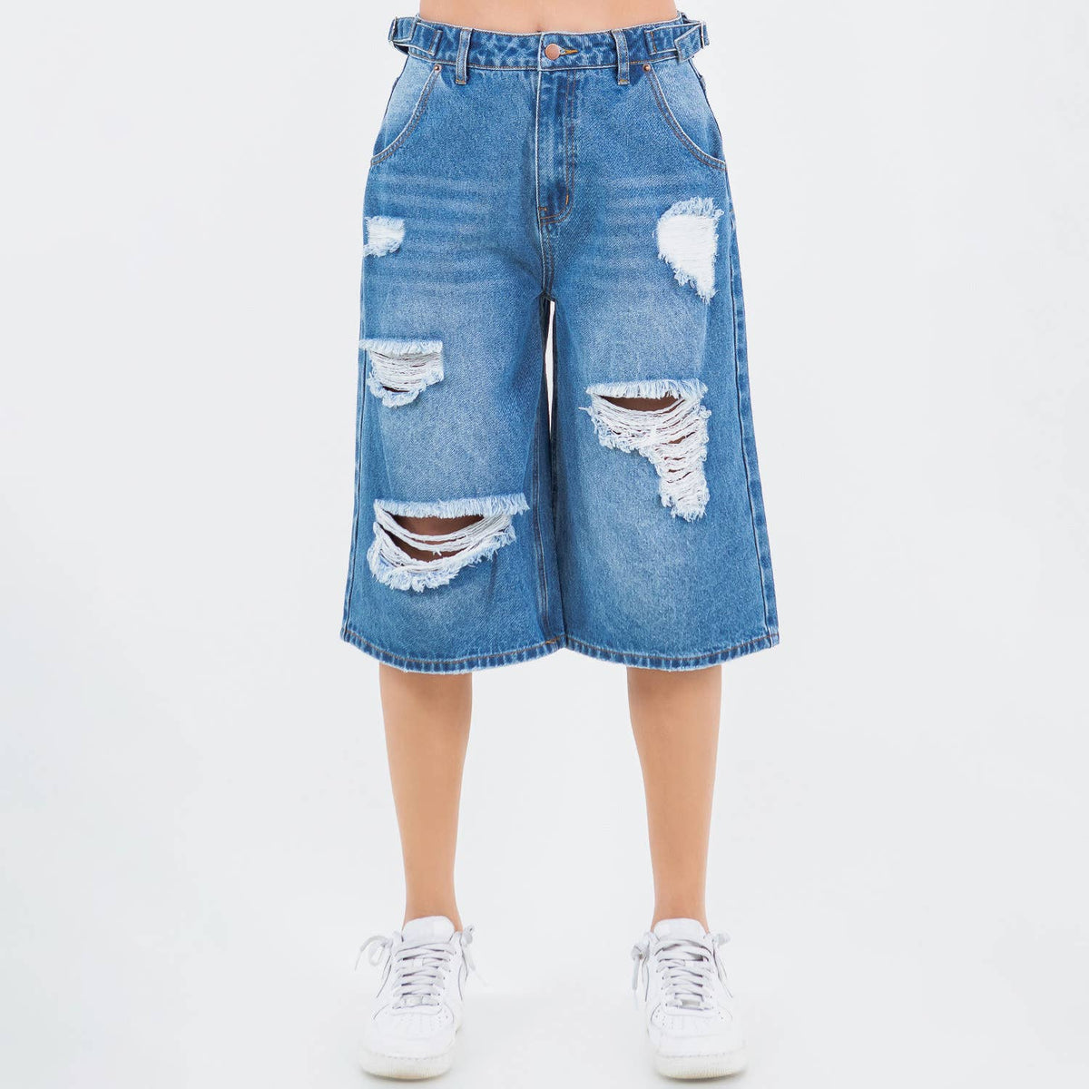 WAIST TRIM DISTRESSED WIDE LEG JORTS-RSS21142