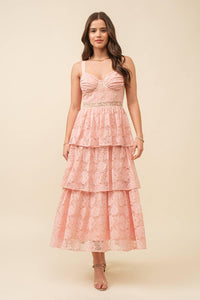Blush Pink Lace Tiered Midi Dress