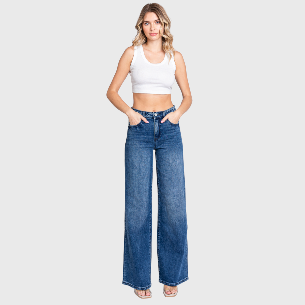High Rise Comfort Stretch Wide Leg Jeans — Medium Dark Wash