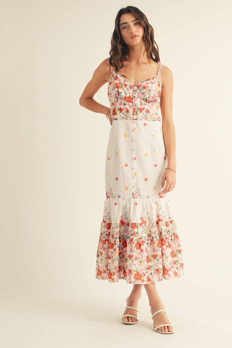 Eyelet Detailed Floral Border Print Midi Dress