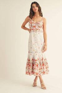 Eyelet Detailed Floral Border Print Midi Dress