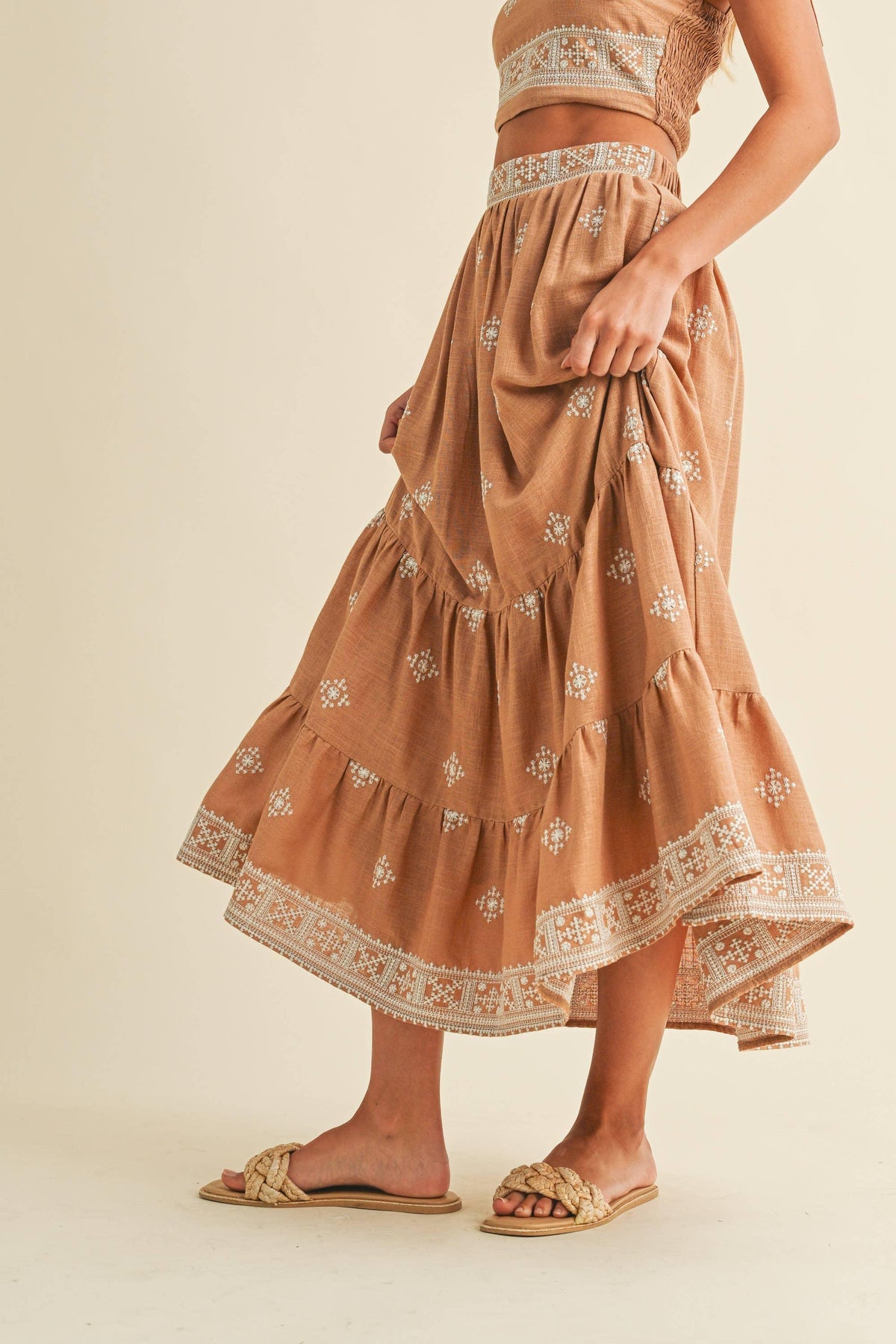 Boho Embroidered Crop Top & Tiered Midi Skirt Set