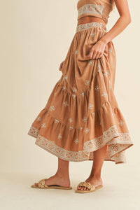 Boho Embroidered Crop Top & Tiered Midi Skirt Set