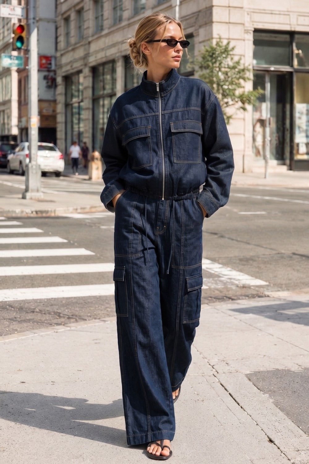 High-Collar Denim Bomber Jacket