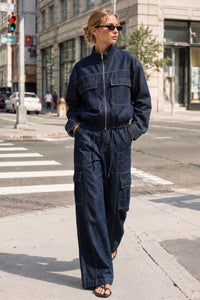 High-Collar Denim Bomber Jacket