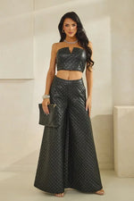 Quilted Palazzo Pants Set - Faux Leather 2 Piece