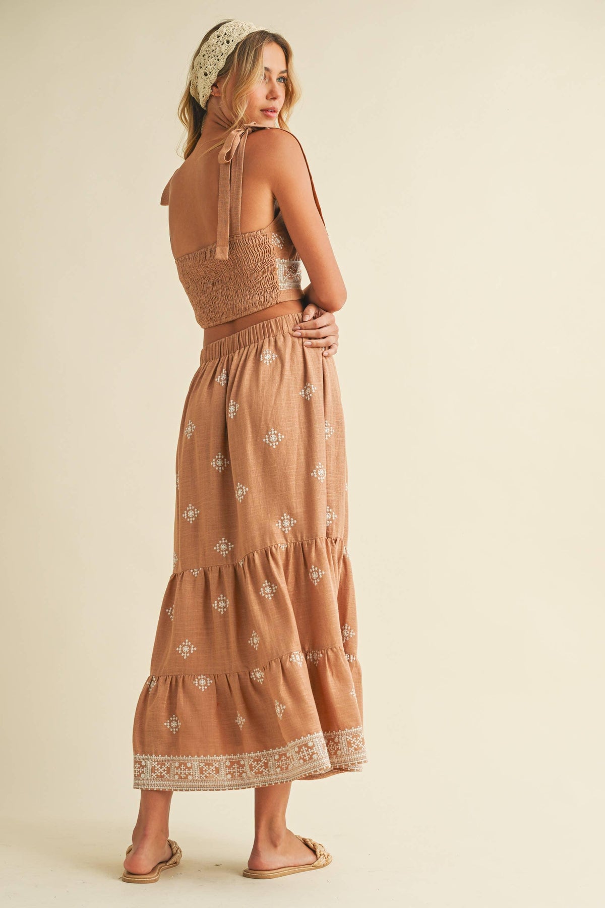 Boho Embroidered Crop Top & Tiered Midi Skirt Set
