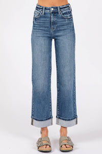 High Rise Stretch Relaxed Straight Jeans with Cuffed Hem