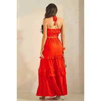 Ring Attached Shirred Tube Top & Tiered Maxi Skirt Set - Tomato Red