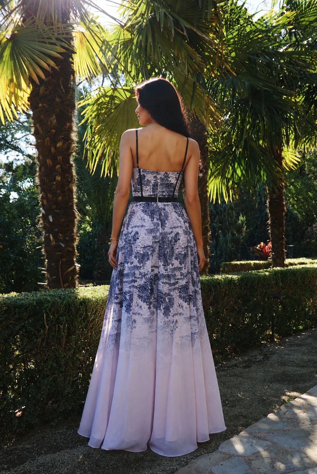 PRINTED CHIFFON BUSTIER MAXI DRESS