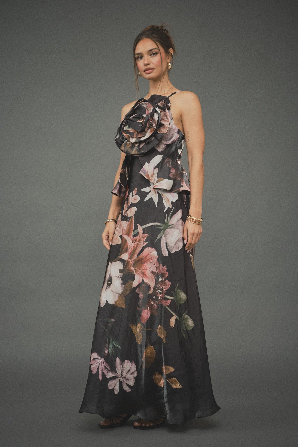 Isabella Black Floral Rosette Maxi Dress