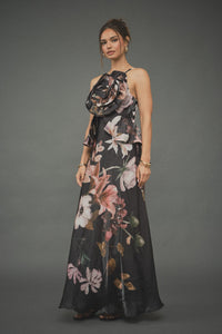 Isabella Black Floral Rosette Maxi Dress