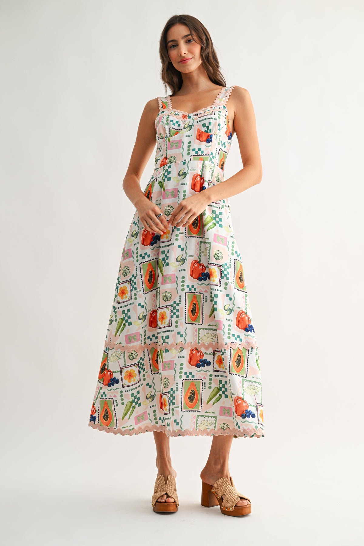 Printed Maxi Dress With Pastel Ric-rac Trim