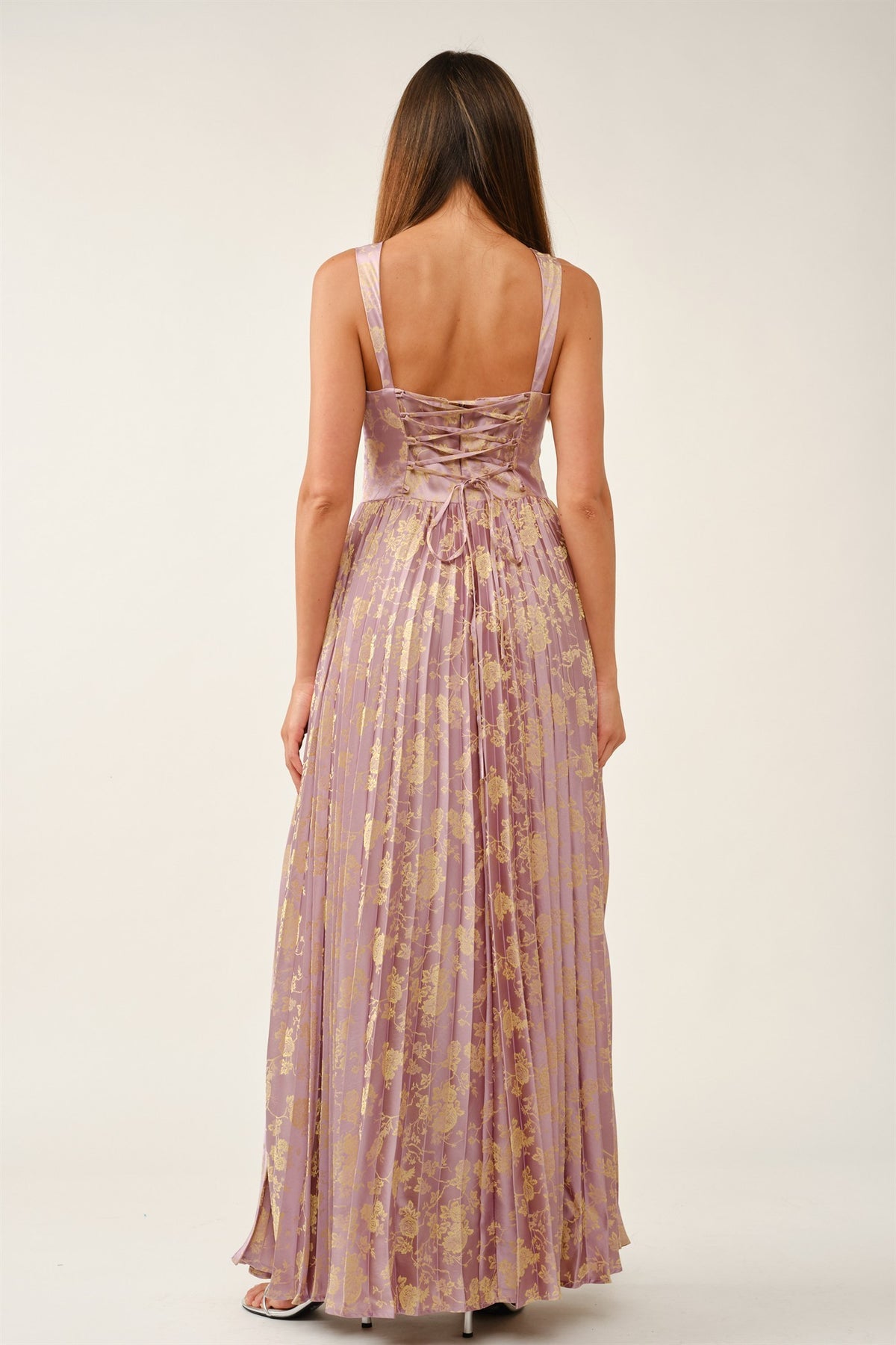 Floral Jacquard Lace-Up Pleated Maxi Dress