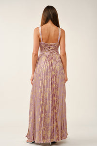 Floral Jacquard Lace-Up Pleated Maxi Dress