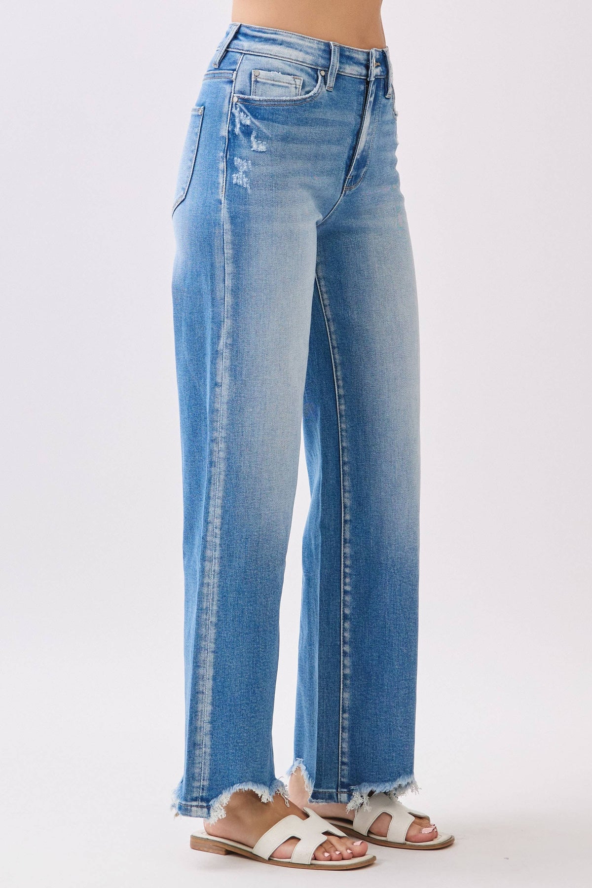 High Rise Stretch Wide Leg Jeans with Destroyed Hem