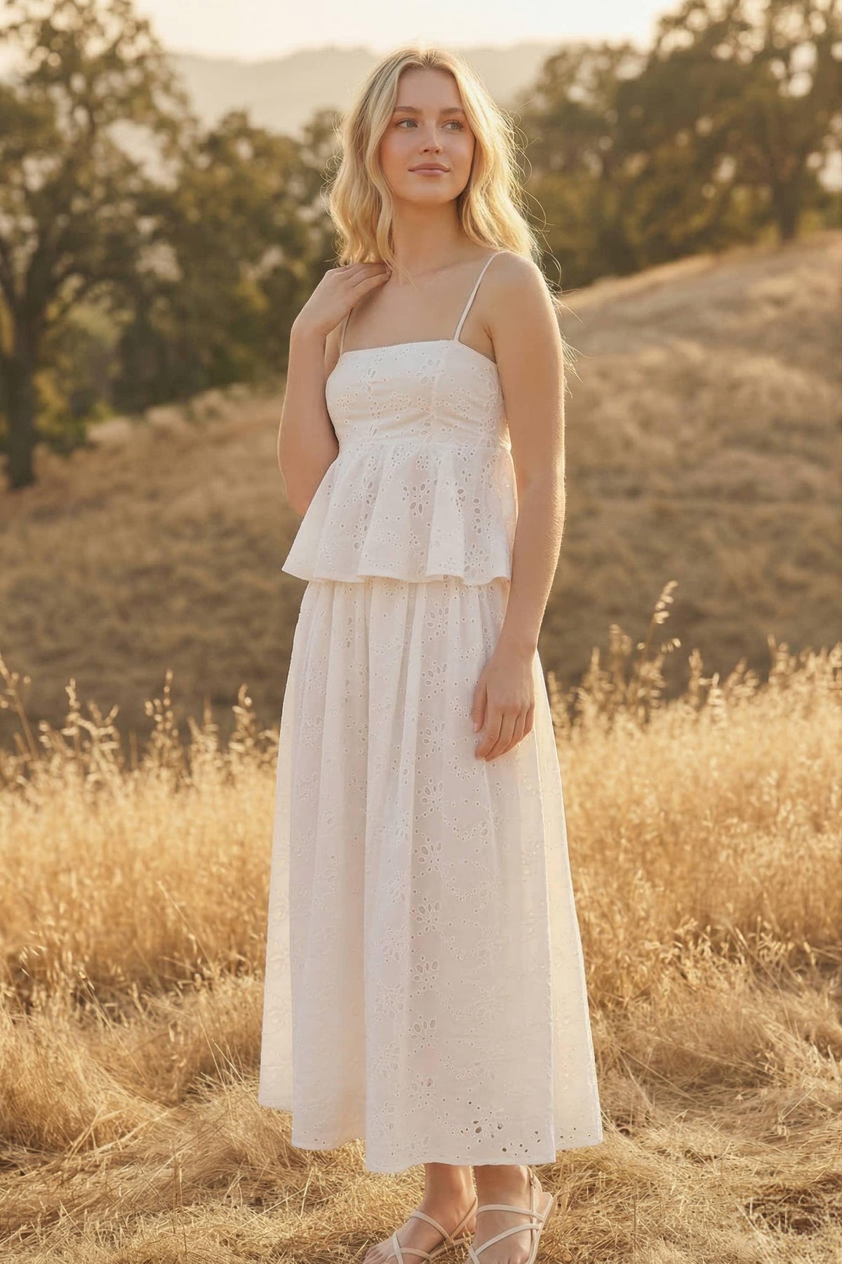 EYELET PEPLUM CAMI AND PLEATED FLARE MIDI SKIRT