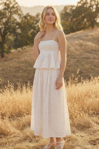 EYELET PEPLUM CAMI AND PLEATED FLARE MIDI SKIRT