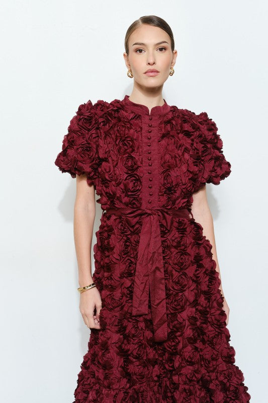 3D Flower Rosette Midi Dress with Bubble Sleeves