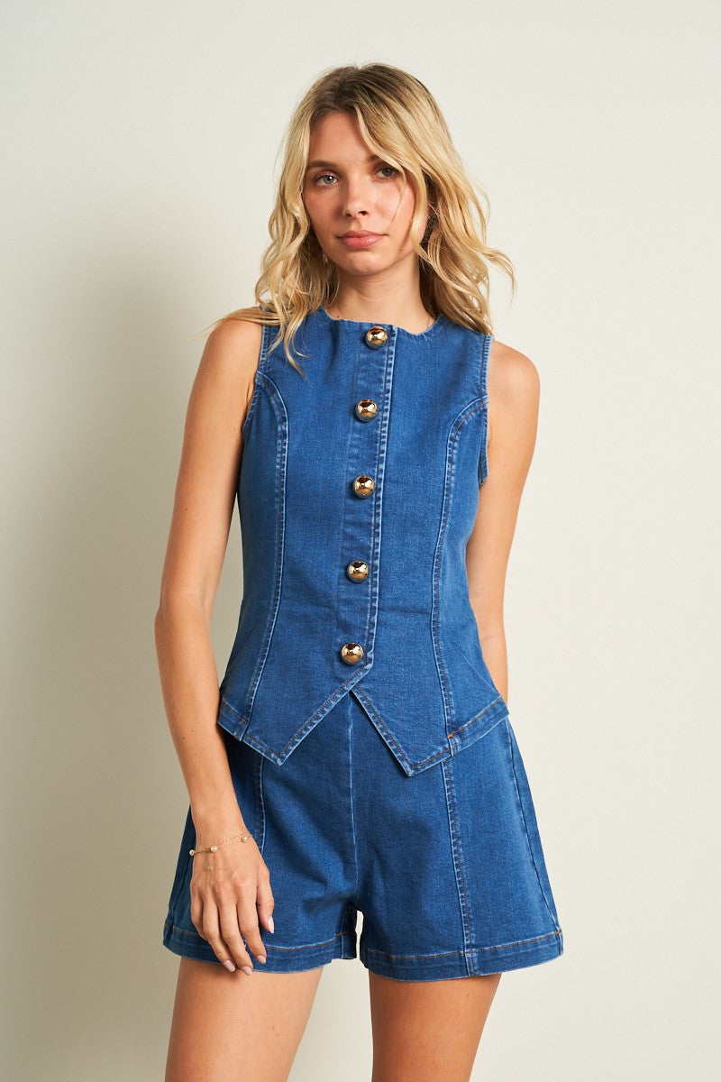 Gold Button Sleeveless Denim Romper