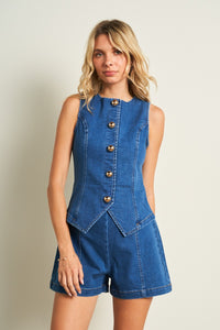 Gold Button Sleeveless Denim Romper