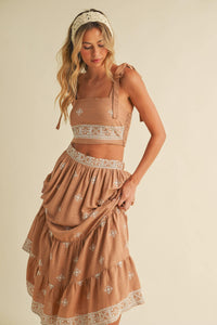 Boho Embroidered Crop Top & Tiered Midi Skirt Set