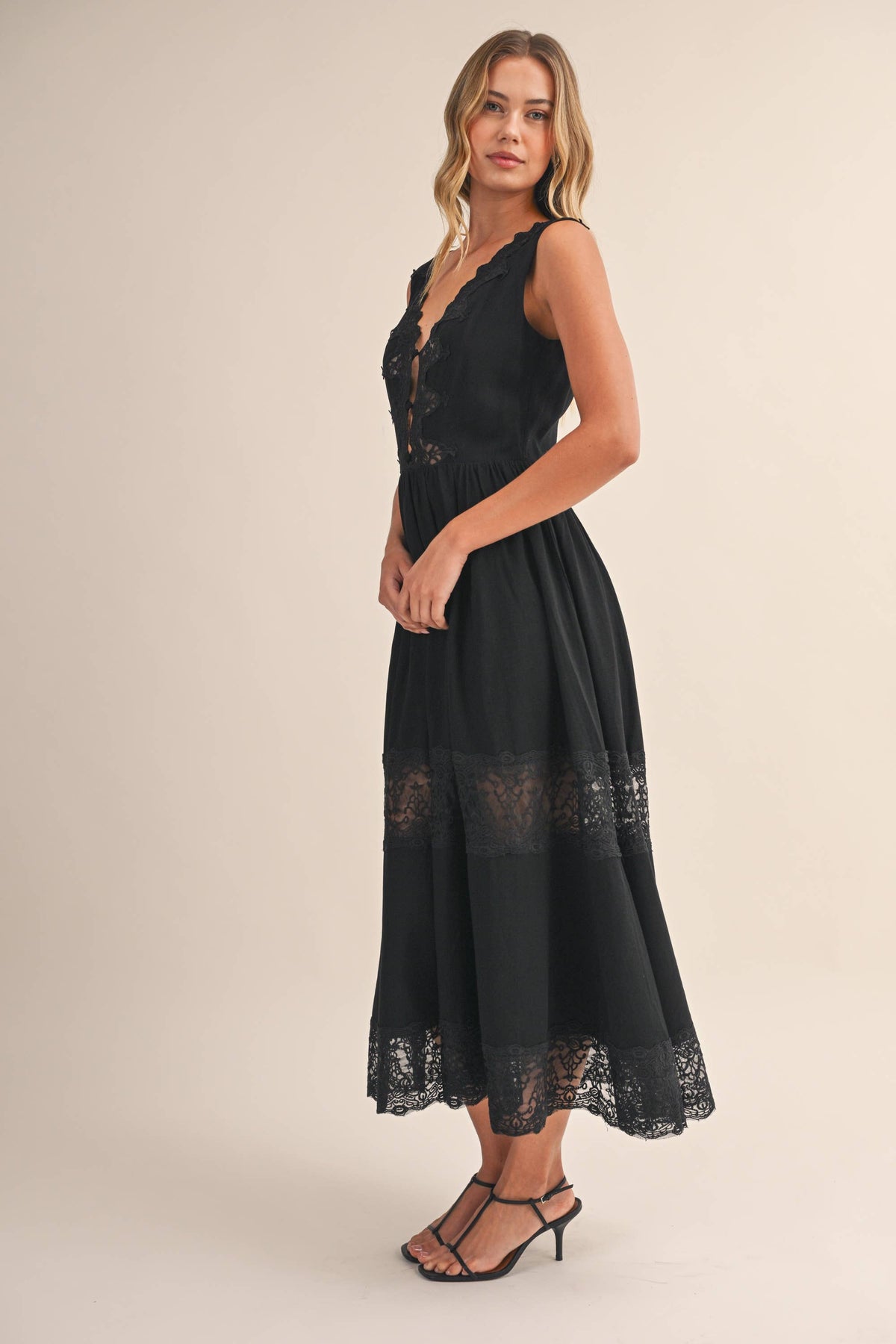 LACE PANEL DETAILED SLEEVELESS V NECK MIDI DRESS