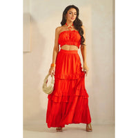 Ring Attached Shirred Tube Top & Tiered Maxi Skirt Set - Tomato Red