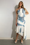 PLEATED BUST DETAIL LONG RUFFLE DRESS