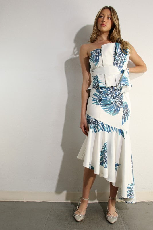 PLEATED BUST DETAIL LONG RUFFLE DRESS