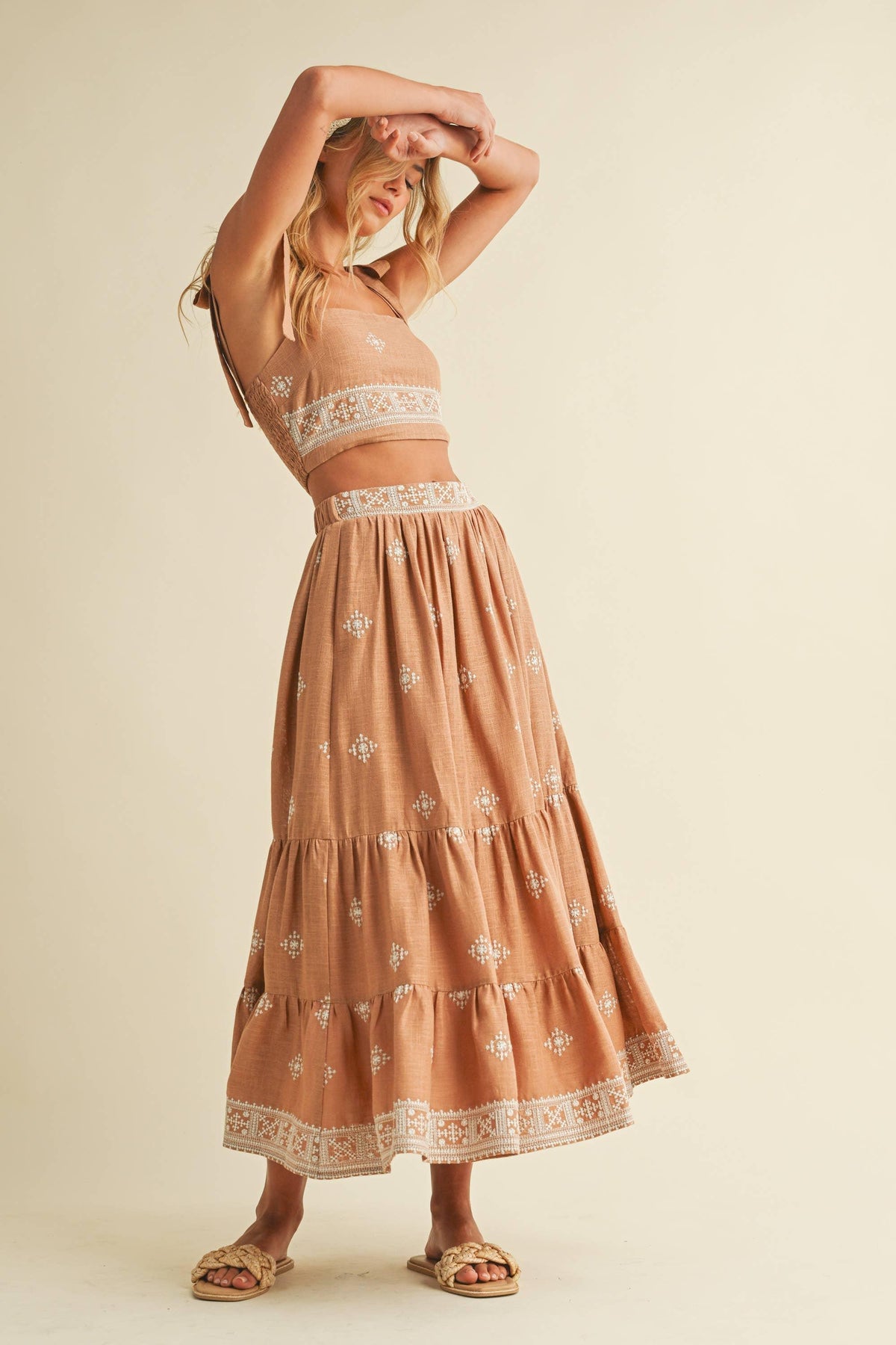 Boho Embroidered Crop Top & Tiered Midi Skirt Set