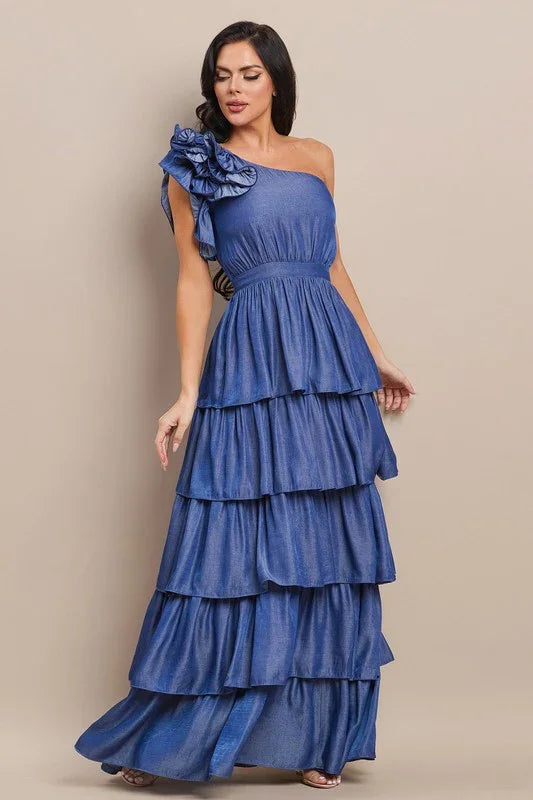 DENIM CORSAGE ONE SHOULDER MAXI DRESS PRIVILEGE