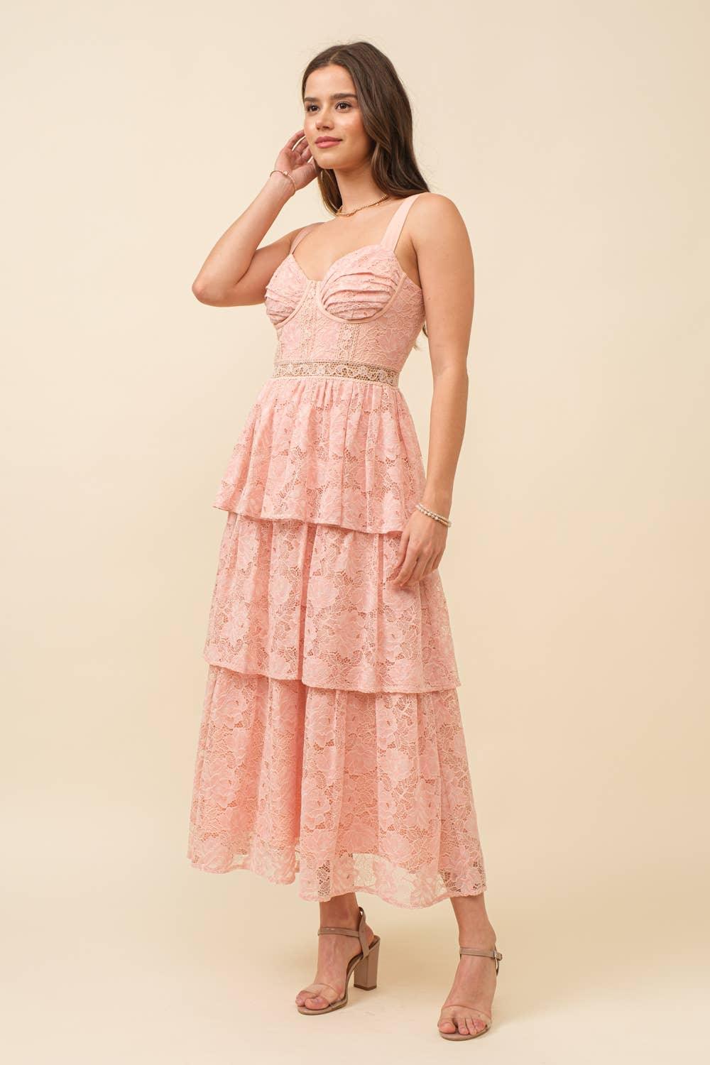 Blush Pink Lace Tiered Midi Dress