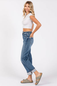 High Rise Stretch Relaxed Straight Jeans with Cuffed Hem